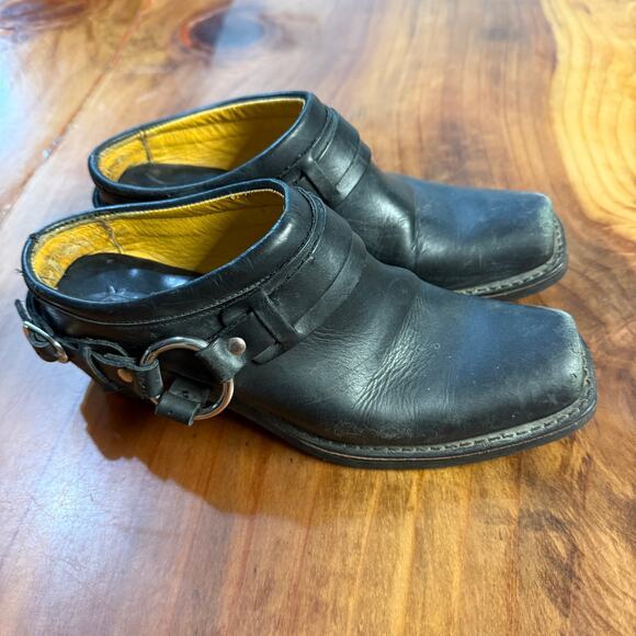 Frye Biker Women's Boots 9 M Harness Slip On Leather Black Mule Distressed Shoe - Picture 3 of 10